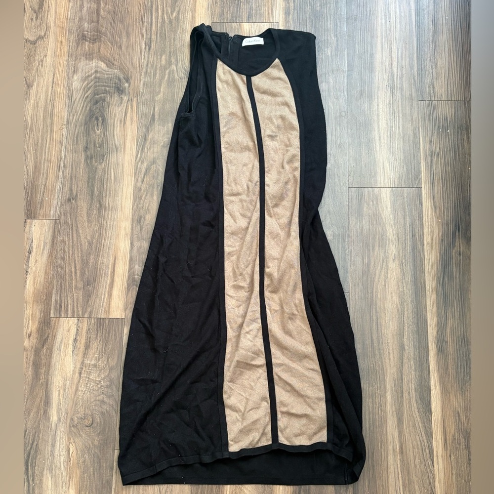Calvin Klein Colorblock Sheath Dress Black & Tan Sleeveless Bodycon Midi